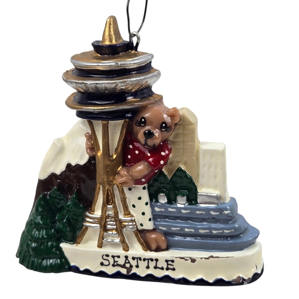 Vtg 90s Seattle Ornament Space Needle Teddy Bear Hand Painted Resin 3" Thailand